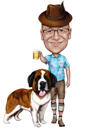 Majitel se psem - celotělová karikatura v barevném stylu z fotografií