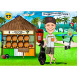 Caricatura de vacaciones personalizada con fondo de chiringuito