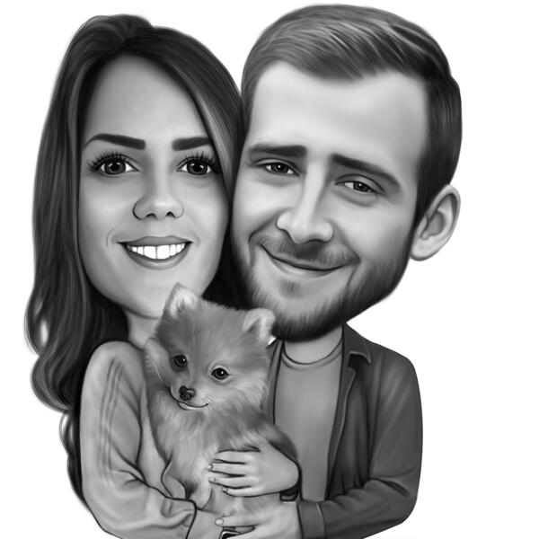 Couple with Pomeranian Spitz Caricature Drawing in Black and White Style