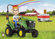 Muž v karikatuře traktoru v legrační přehnaném stylu