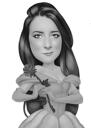 Lady Hand Drawn Original Caricature Artwork in Black and White Romantic Style