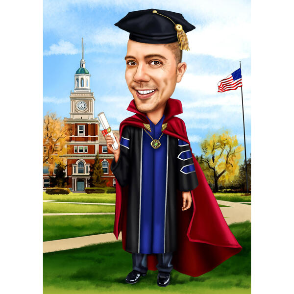 Caricatura de estudiante de graduación con antecedentes universitarios