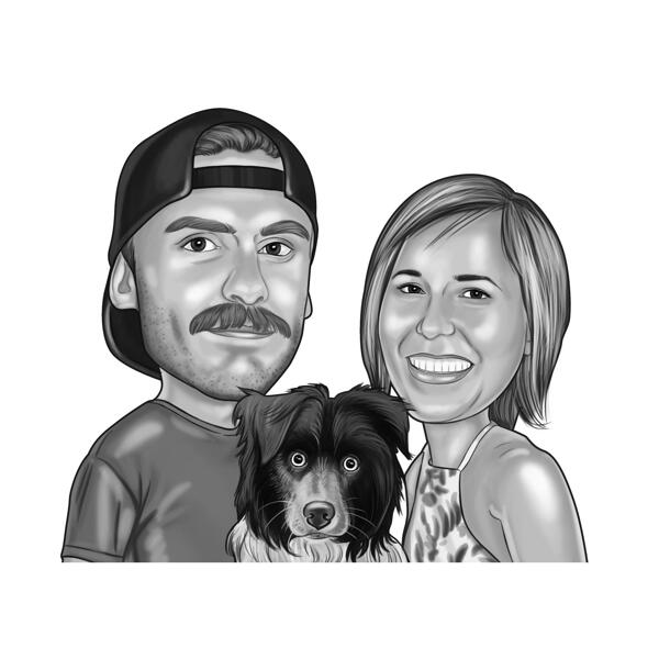 Couple with Collie Puppy Cartoon Portrait in Black and White Style