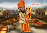 Indian Bollywood Head and Shoulders Coppia che disegna caricatura da foto con sfondo personalizzato