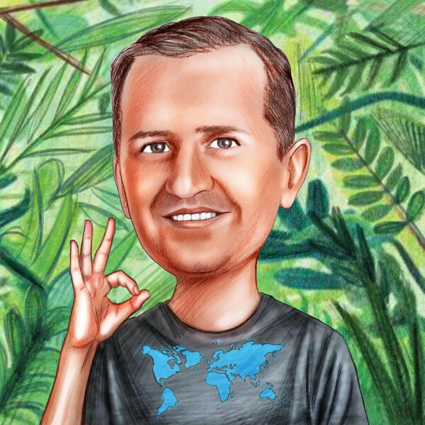 Карикатура туриста-путешественника по джунглям в цветном стиле с фотографии