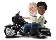 Paari karikatuur taustaga Harley-Davidsoni mootorrattal