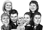 Mustavalkoinen perhe lasten kanssa Piirustus piirroksista valokuvista