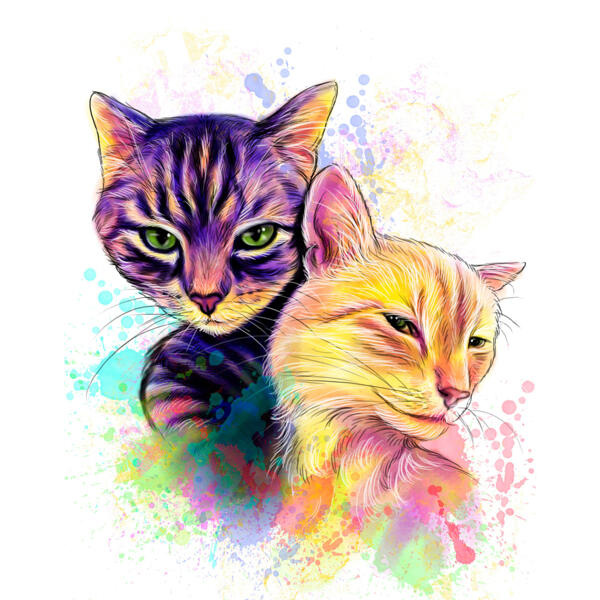 Portrait d'aquarelle de chats solo dans les couleurs de l'arc-en-ciel à partir de photos