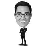 Karikatuur van een man met een groot hoofd in zwart-wit