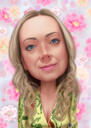 Skaistas sievietes karikatūras portrets krāsainā stilā ar ziedu fonu no fotoattēla