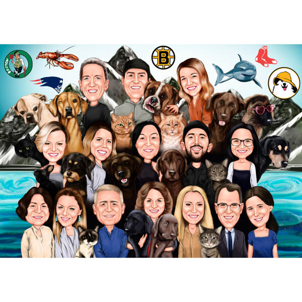 Skupinové karikatury - kreslené na zakázku a personalizované