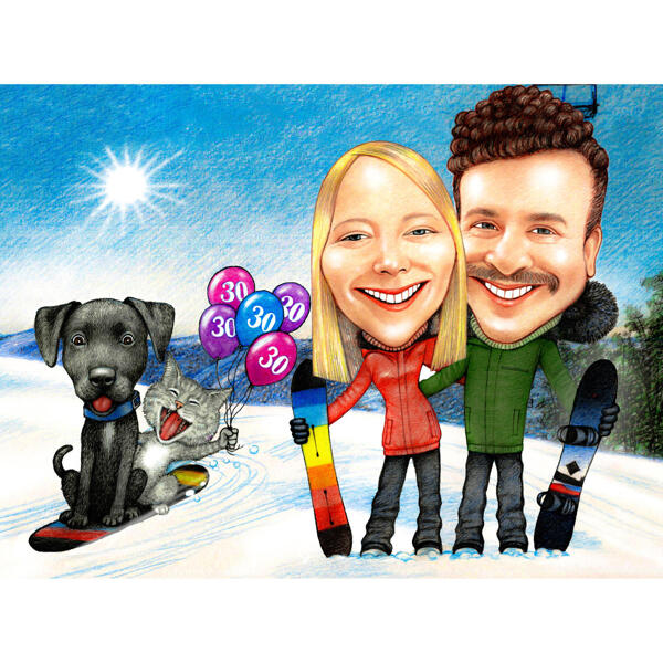 Caricatura de pareja de esquí con fondo de nieve y mascotas