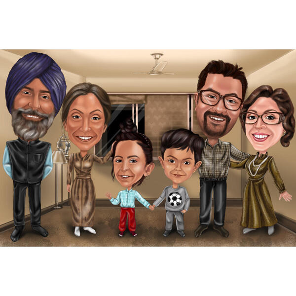 Sarjakuva intialaisen perheen karikatyyri muotokuva mukautettua taustaa valokuvista