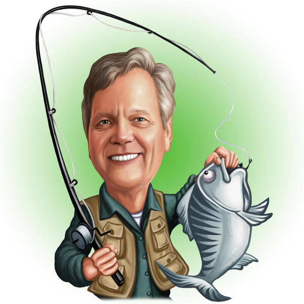 Карикатура рыбака с рыбой и удочкой