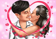 Kiss Me - Caricature de couleur couple avec fond coeurs et papillons