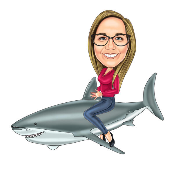 Person, die einen Hai-Ganzkörper-Karikatur im farbigen digitalen Stil reitet
