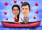 Caricatura de casal com fundo marítimo.