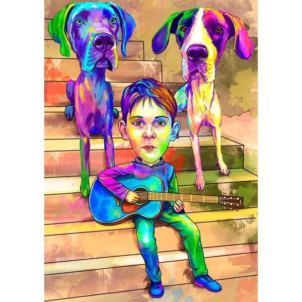 Kid with German Mastiff Dogs Cartoon Portrait Hand Drawn in Watercolor Style