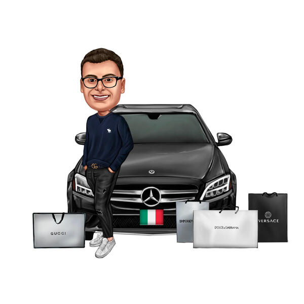 Person Shopaholic med fordon - rolig karikatyrpresent i färgstil från foton