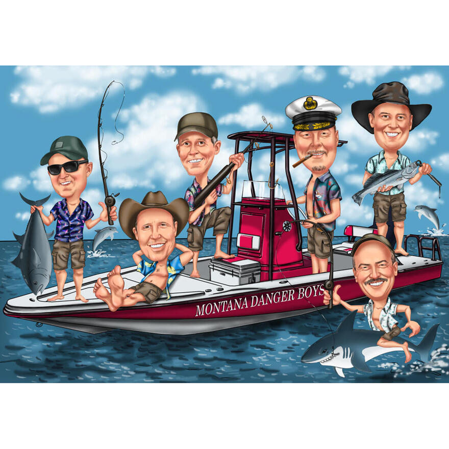 Fishermen Group Caricature on Boat for Fishing Lovers