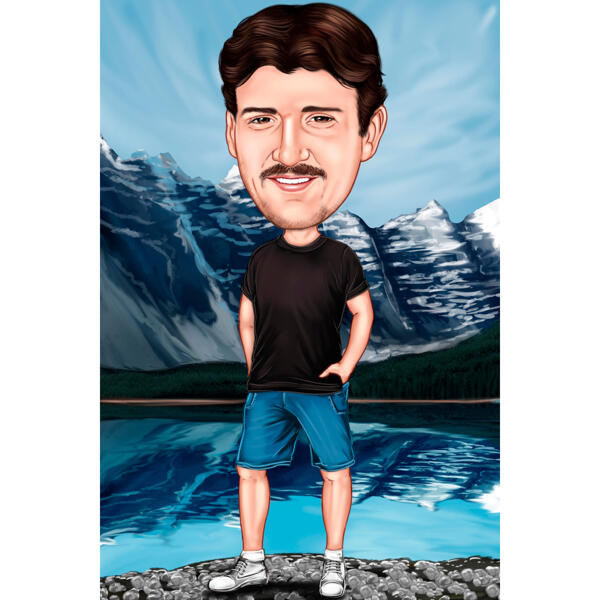 Карикатура мужского туриста в цветном стиле на фоне горы