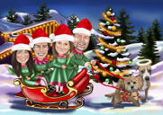 Christmas Card - Family in Santa's Sleigh with Pets