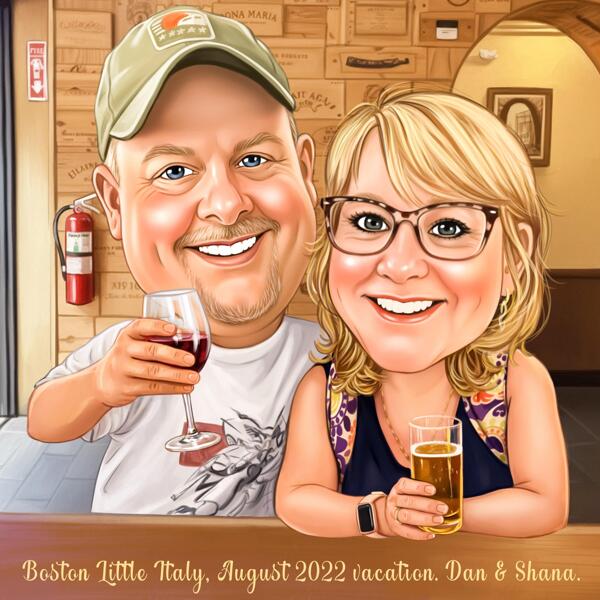 Caricature d'un couple d'amateurs de vin