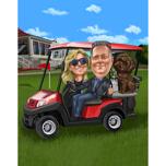Cuplu cu caricatură de animale de companie în cărucior de golf