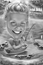 Caricature d'un pêcheur en noir et blanc