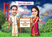 Braut- und Bräutigam-Cartoon mit Veranstaltungsort-Hintergrund