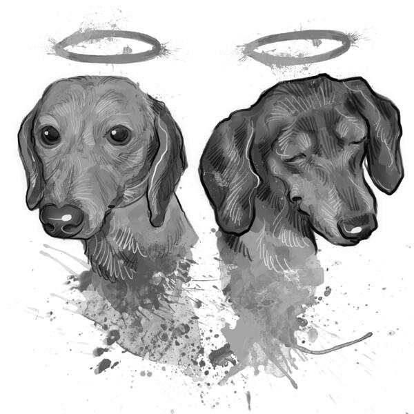Två husdjur minnesporträtt i svartvit akvarellstil