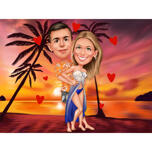 Caricatura di coppia hawaiana al tramonto