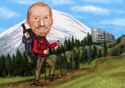 Mies turisti -karikatyyri värityyliin vuoren taustalla