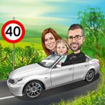 Disegno caricaturale di una famiglia in auto