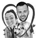Pár s husky karikaturou v černé a bílé