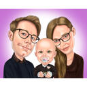 Personlig familie med baby tegneseriekarikatur fra fotos med én farvet baggrund
