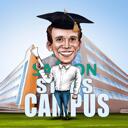 Caricatura de estudiante de graduación con antecedentes universitarios