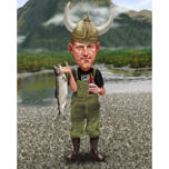 Fisherman Caricature Gift Idea - Man med fisk och öl på anpassad bakgrund