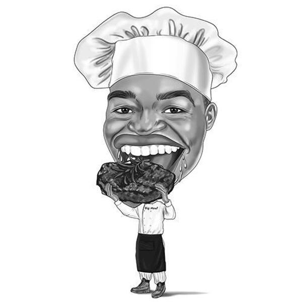 Lustiger übertriebener Metzger mit großer Steak-Karikatur im Schwarz-Weiß-Stil