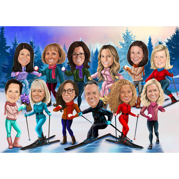 Caricatura de grupo de inverno de corpo inteiro em estilo colorido de fotos para presente de cartões personalizados
