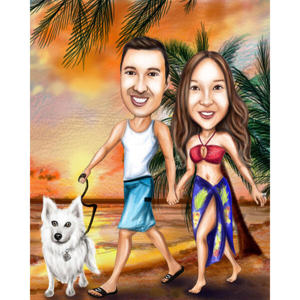 Caricatura de casal com animal de estimação em férias desenhada à mão a partir de foto