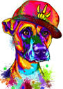 Funny Dog in Hat Caricature Portrait in Rainbow Watercolor Style