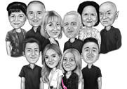 Regalo personalizzato per il ritratto del fumetto della celebrazione della celebrazione della vita del gruppo familiare personalizzato in stile bianco e nero