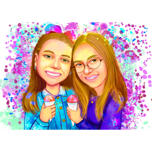 Girl Kids Friends Caricature with Ice Cream in Watercolor Style from Photos