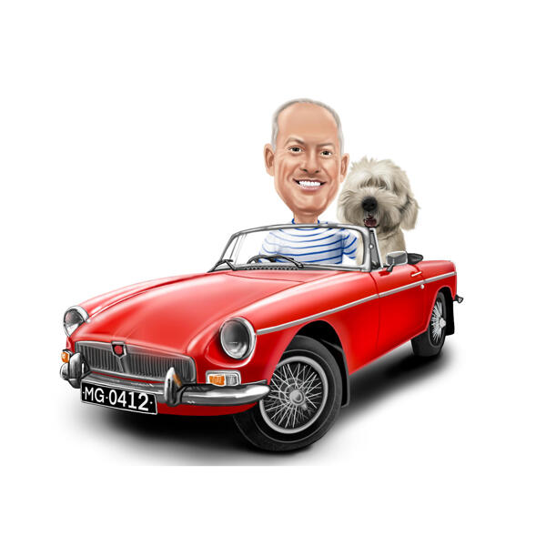 Eigenaar met huisdier in auto Karikatuur van foto's