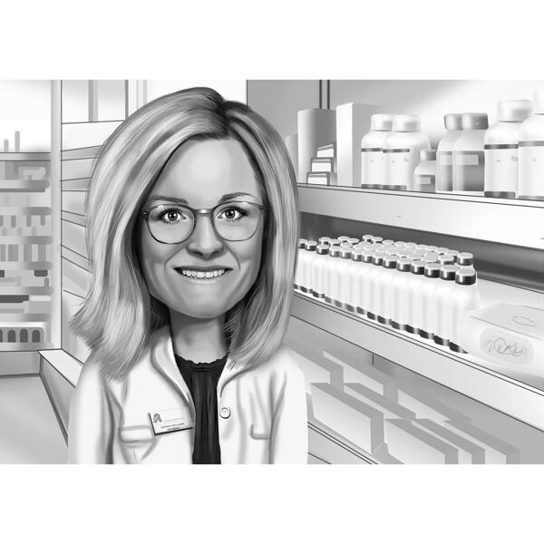 Cartone animato in bianco e nero con sfondo di farmacia