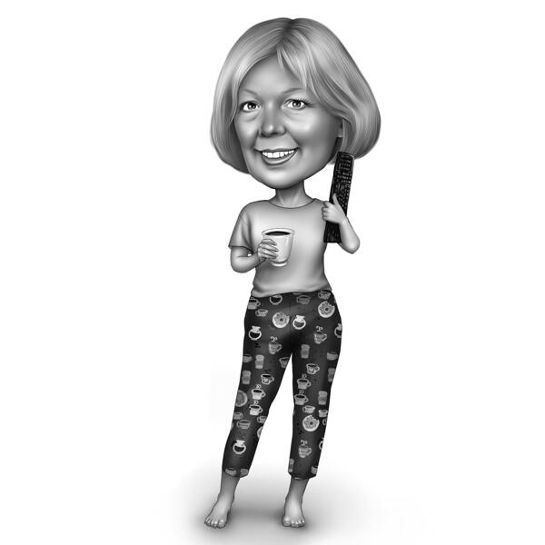 Person Holding Cup of Coffee Caricature in Full Body Type and Black and White Style