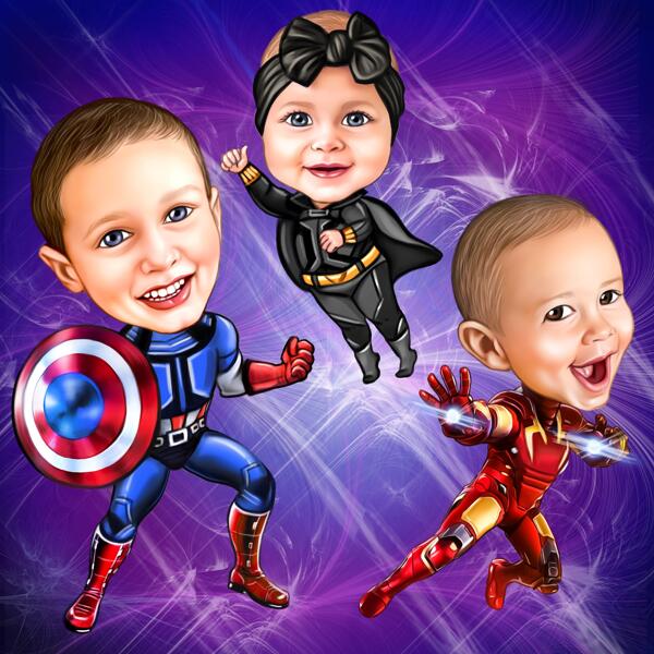 Regalo de caricatura de grupo de niños superhéroes alegres en estilo de color de fotos de niños