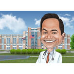 Caricatura de doctor con fondo de hospital