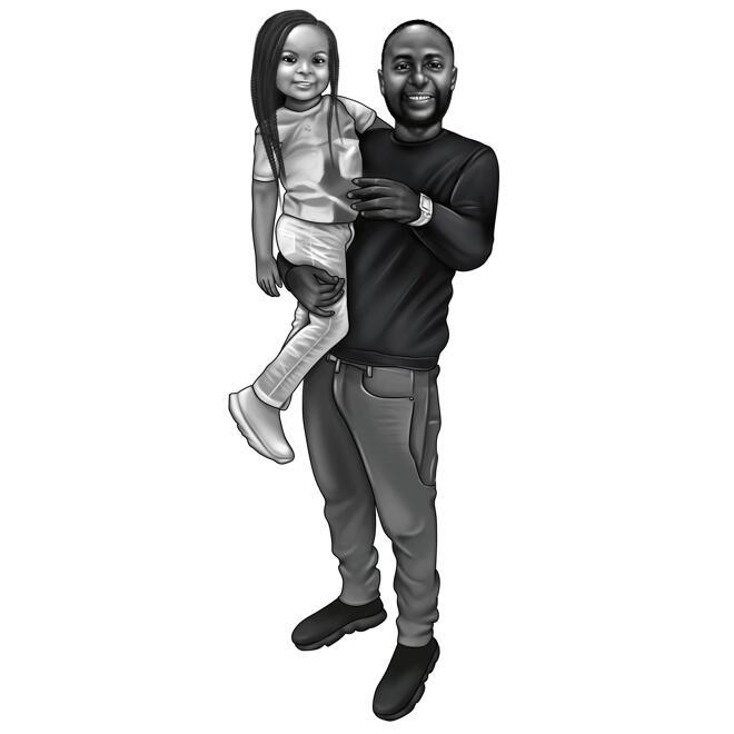 Tată cu corp complet cu caricatură de copil în stil alb-negru din fotografii